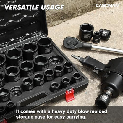 CASOMAN 29-Piece 3/4" Drive Shallow Spindle Axle Nut Impact Socket Set, 6-Point, Standard Large Socket Set, SAE (3/4" to 2-1/2"), CR-MO Steel, with Storage Case - size: 29 PCS (3/4" to 2-1/2")