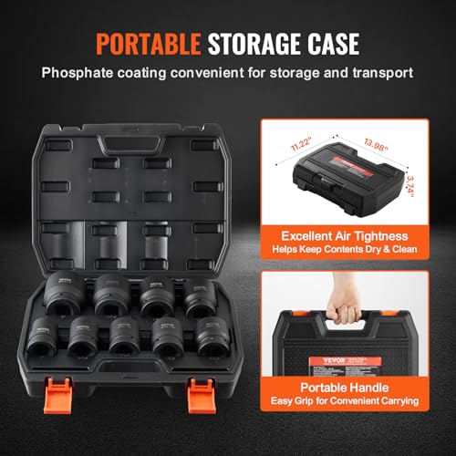 VEVOR Axle Nut Impact Socket Set - 1" Drive 6-Point 9-Piece SAE Spindle Nut Socket CR-MO Heat Treated Large Socket Set with Storage Case for Auto Repair, Removing or Installing Axle Nuts - style: 1" 9PCS CR-MO