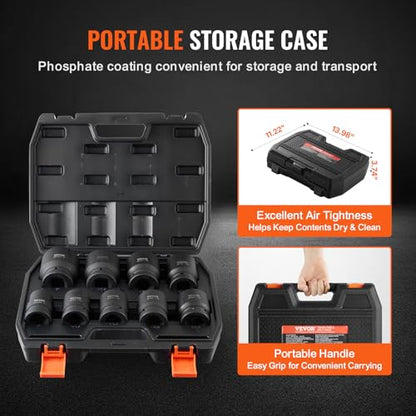 VEVOR Axle Nut Impact Socket Set - 1" Drive 6-Point 9-Piece SAE Spindle Nut Socket CR-MO Heat Treated Large Socket Set with Storage Case for Auto Repair, Removing or Installing Axle Nuts - style: 1" 9PCS CR-MO
