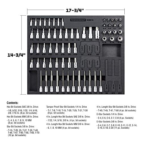 Powerbuilt 64 Piece Bit Socket Set, Hex, Torx, Specialty Bits, Up to 4 Inch Length, Long Reach E-Torx, Laser-Cut Organizing Tray, 949010 - size: 64pc,Bit Socket, style: 64 Piece Bit Socket