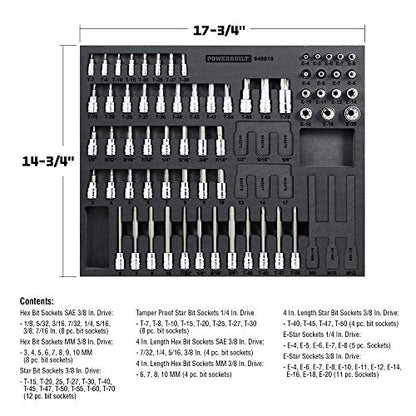 Powerbuilt 64 Piece Bit Socket Set, Hex, Torx, Specialty Bits, Up to 4 Inch Length, Long Reach E-Torx, Laser-Cut Organizing Tray, 949010 - size: 64pc,Bit Socket, style: 64 Piece Bit Socket