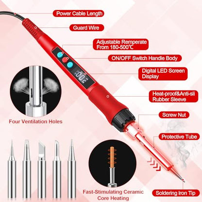 Soldering Iron Kit, Soldering Welding Iron Kit with Ceramic Heater, Portable Soldering Kit with with Tips, Solder Wick Braid, Stand, Solder Wire, Sponge, Flux Paste