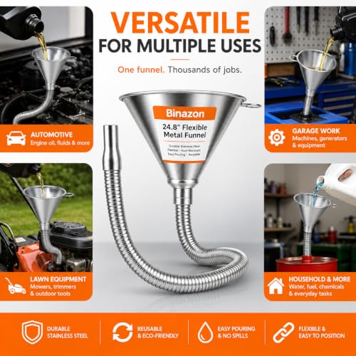 24.8" Funnels for Automotive Use, Steel Bendable Spout Funnel, Galvanized Funnel with Screen Screen, Ideal for Filling All Oils, Diesel, Gasoline and conveying Other Liquids