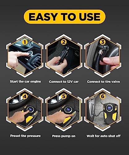 YAKEFLY Tire Inflator Portable Air Compressor,12V DC Car Tire Pump with Digital Pressure Gauge,150 PSI Auto Shut Off with Emergency LED Flasher,Air Compressor Tire Inflator