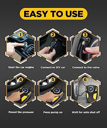 YAKEFLY Tire Inflator Portable Air Compressor,12V DC Car Tire Pump with Digital Pressure Gauge,150 PSI Auto Shut Off with Emergency LED Flasher,Air Compressor Tire Inflator