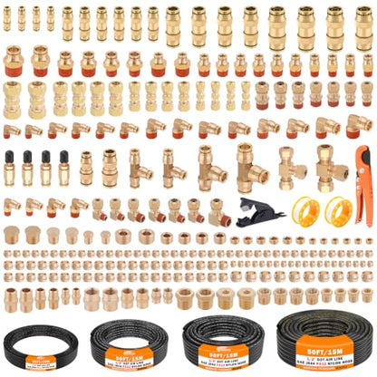 CheeMuii 260 PCS Brass DOT Air Line Fittings Pipe Fittings with 4 Rolls 50FT 1/8" 1/4" 3/8" 1/2" DOT Air Lines Kit Brass Push Lock Air Fittings Compression Air Fittings with Air Hose Pneumatic Tubing - size: 50FT-4ROLL-260PCS