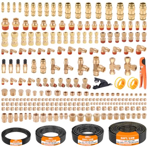 CheeMuii 260 PCS Brass DOT Air Line Fittings Pipe Fittings with 4 Rolls 50FT 1/8" 1/4" 3/8" 1/2" DOT Air Lines Kit Brass Push Lock Air Fittings Compression Air Fittings with Air Hose Pneumatic Tubing - size: 50FT-4ROLL-260PCS