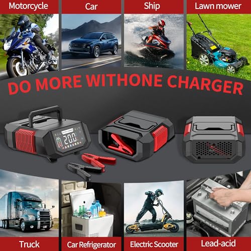 20A Battery Charger, 12V/24V Fully Automatic Trickle Charger, Red | Adjustable 1-20A Car Battery Charger, Battery Maintainer, Pulse Repair, for LiFePO4, Lead Acid, Deep Cycle Batterie