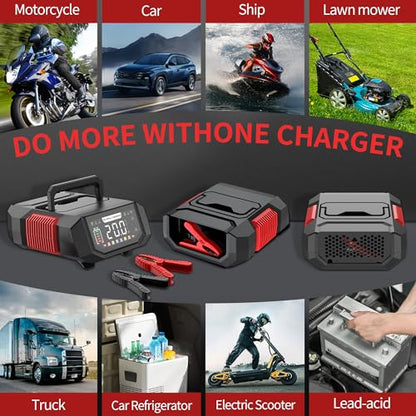 20A Battery Charger, 12V/24V Fully Automatic Trickle Charger, Red | Adjustable 1-20A Car Battery Charger, Battery Maintainer, Pulse Repair, for LiFePO4, Lead Acid, Deep Cycle Batterie