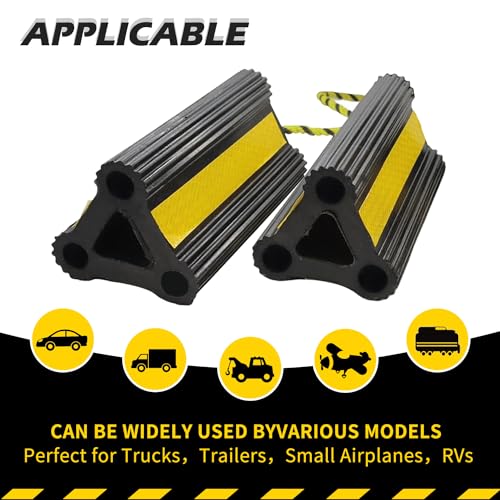 Wheel Chocks for Travel Trailers Camper RV Truck Car, Solid Rubber Sturdiness Heavy Duty Simple Easy to Use, Tires Chock Block Stopper with Nylon Rope Yellow Reflective Tape [8.2" 2pair/4pack] - size: 8.2" 2pair