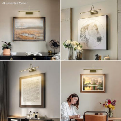 JOOSENLUX Battery Operated Picture Lights Gold Wall Lights Wireless Flexible Neck with Remote Rechargeable Wall Lights for Pictures 16" Dimmable Display Art Light with Timer 3000K Brass - color: Brass, size: Model A