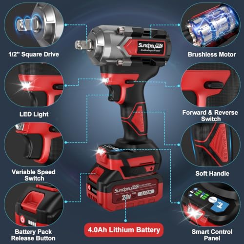 Cordless Impact Wrench 750Ft-lbs - 21V 1/2" Brushless Electric Impact Gun Set with 2 x 4.0Ah Batteries & 5 Sockets& Fast Charger & Sturdy Case for Truck & RV Red