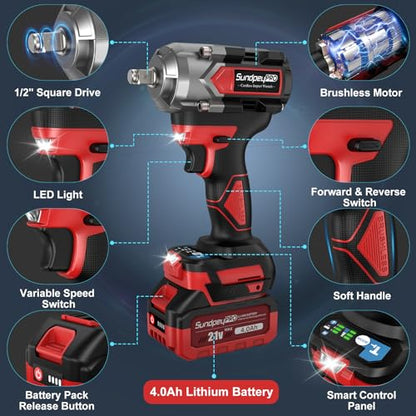 Cordless Impact Wrench 750Ft-lbs - 21V 1/2" Brushless Electric Impact Gun Set with 2 x 4.0Ah Batteries & 5 Sockets& Fast Charger & Sturdy Case for Truck & RV Red