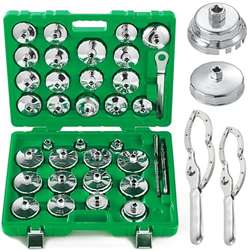 35PCS Oil Filter Wrench Set, 1/2" Drive Cup Type, Stainless Steel | 35PCS oil filter wrench set, stainless steel, 1/2" drive, cup type, with drain plug sockets, fits most cars & SUVs. - color: Green