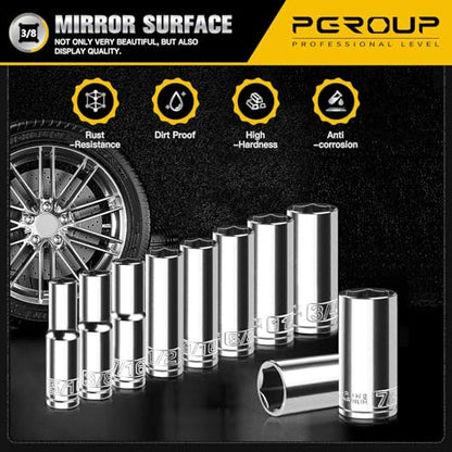 10PCS 3/8” Drive Deep Socket Set, SAE (5/16"-7/8"), 6-Point, Cr-V Steel, Chrome Plated Socket With Hanging Bracket, Cover Most Commonly Sizes - size: 3/8" SAE (5/16"-7/8")