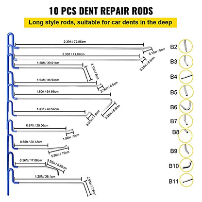 VEVOR Rods Dent Removal Kit, 20 Pcs Paintless Dent Repair Rods, Stainless Steel Dent Rods, Whale Tail Dent Repair Tools, Professional Hail Dent Removal Tool For Minor Dents, Door Dings And Hail Damage - style: 20 Pcs with 10 Rods