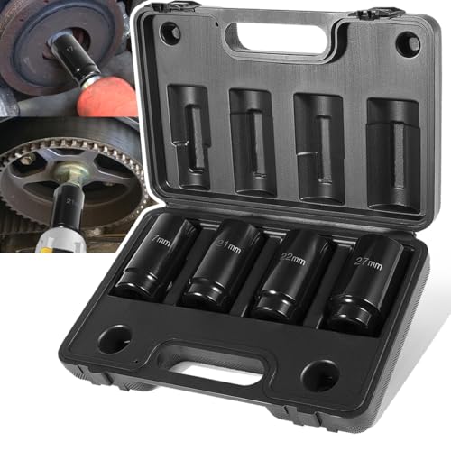 4 Pack Crank Bolt Socket Set, 17MM, 21MM, 22MM, 27MM, Harmonic Balancer Socket Set, 1/2-Inch Metric Deep Impack Socket Kit Set, 3 Times Momentum Power of Standard Impact Sockets