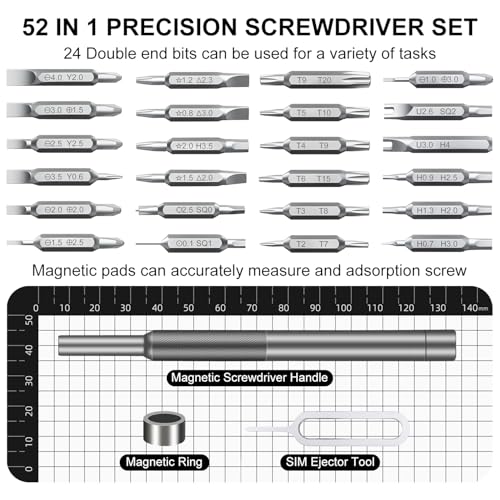 52-in-1 Precision Screwdriver Set, S2 Steel Magnetic Mini Repair Tool Kit for Electronics, iPhone, Laptop, MacBook, PC, Watch, Glasses, Ring Doorbell & PS5, Ideal Tech Gifts for Men