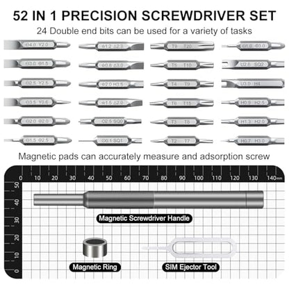 52-in-1 Precision Screwdriver Set, S2 Steel Magnetic Mini Repair Tool Kit for Electronics, iPhone, Laptop, MacBook, PC, Watch, Glasses, Ring Doorbell & PS5, Ideal Tech Gifts for Men