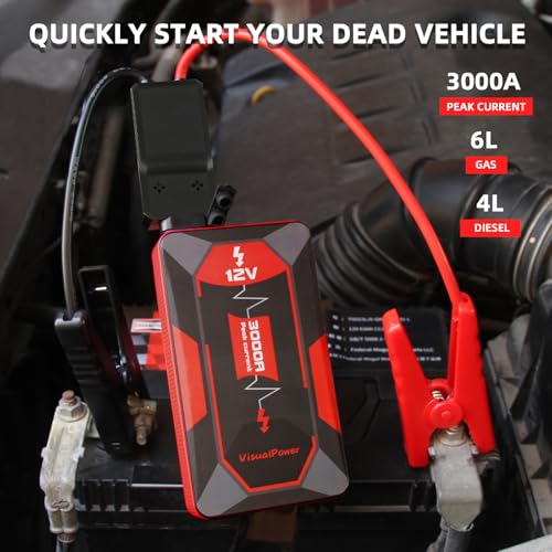 3000A Jump Starter for 6.0L Gas 4.0L Diesel Battery Jumper Box | 3000A peak current; fits glove box with hard case; 9 safety protections; power bank function; 3-mode LED light - color: red