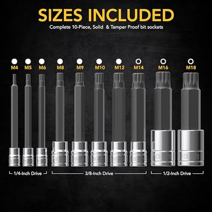 LEXIVON XZN Triple Square Spline Bit Socket Set, Extra Long 4-Inch | 10-Piece European Style M4 - M18, Premium S2 Alloy Steel | Enhanced Storage Case (LX-145L) - size: Extra Long 4-inch