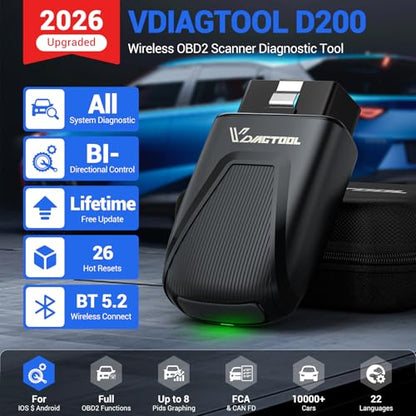 VDIAGTOOL D200 Bidirectional OBD2 Scanner, Bluetooth Car Diagnostic Scan Tool, Full System Diagnosis, 26 Resets (49+ Upgradeable), Lifetime Free Updates, CAN-FD & FCA AutoAuth for iOS & Android