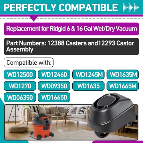 4 Pcs 12388 Foot Caster & 12293 Caster Wheel Compatible with Ridgid 6 to 16 | Fits WD16650M WD06350 WD1635M WD1245M Etc, Smooth Rolling, Rugged Heavy-Duty Workshop Casters, Tool-Free Quick Installation