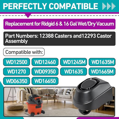4 Pcs 12388 Foot Caster & 12293 Caster Wheel Compatible with Ridgid 6 to 16 | Fits WD16650M WD06350 WD1635M WD1245M Etc, Smooth Rolling, Rugged Heavy-Duty Workshop Casters, Tool-Free Quick Installation