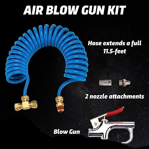Heavy Duty Truck Air Seat Blow Gun Kit, Lever Air Blow Gun with 2 Nozzle Tips, 1/4 Inch NPT X 11.5 Feet Nylon Coil Air Hose. Air Duster Blow Gun, Dust Cleaner with Nozzles, Blue - size: Blue Hose