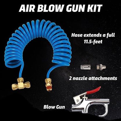 Heavy Duty Truck Air Seat Blow Gun Kit, Lever Air Blow Gun with 2 Nozzle Tips, 1/4 Inch NPT X 11.5 Feet Nylon Coil Air Hose. Air Duster Blow Gun, Dust Cleaner with Nozzles, Blue - size: Blue Hose