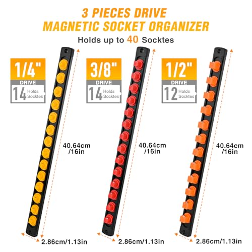 GOOACC Magnetic Socket Organizer 1/4" 3/8" 1/2" Socket Holder Set with 40 360° Swivel Clips Heavy Duty Aluminum Socket Rail Organizer for Tool Box Drawer, 3 Pieces Drive Magnetic Socket Rails Holders - size: Rail Magnetic 3PC 1/4"3/8"1/2"Orange Red Yellow