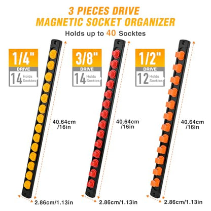 GOOACC Magnetic Socket Organizer 1/4" 3/8" 1/2" Socket Holder Set with 40 360° Swivel Clips Heavy Duty Aluminum Socket Rail Organizer for Tool Box Drawer, 3 Pieces Drive Magnetic Socket Rails Holders - size: Rail Magnetic 3PC 1/4"3/8"1/2"Orange Red Yellow