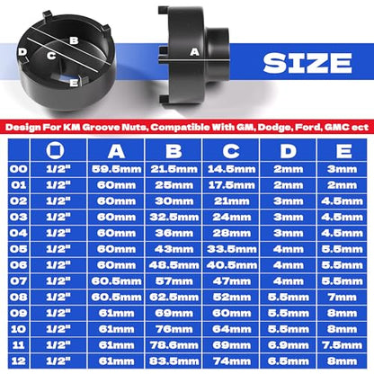 KJE 13PCS Spindle Nut Socket Set for Remove Ball Joints Axle Nut, Spanner Socket Set for KM Groove Nuts, 21.5mm-36mm-83.5mm, 4 Teeth Exterior with 1/2'' Drive, Compatible with GM, Ford, Dodge, GMC