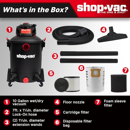 Shop-Vac 5761011 10 Gallon 4.5 Peak HP Wet/Dry Vacuum with Blower Function | 1.5" x 7-ft Hose, 12-ft Cord, Rear Blower Port, Ideal for Garage, Workshop, Home, Vehicle Cleaning