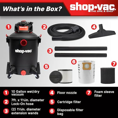 Shop-Vac 5761011 10 Gallon 4.5 Peak HP Wet/Dry Vacuum with Blower Function | 1.5" x 7-ft Hose, 12-ft Cord, Rear Blower Port, Ideal for Garage, Workshop, Home, Vehicle Cleaning
