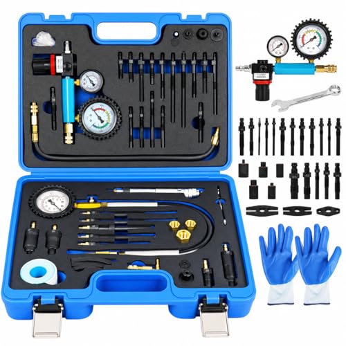 Diesel Compression Tester Kit 47pcs Petrol & Diesel Engine Compression Tester Small Engine Cylinder Leak Down Tester with Compression Gauge, Leak Detector, Gloves, for HDI/TDCi/Pumpe Duse Engine