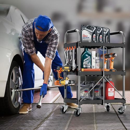 KINGRACK 3 Tier Rolling Tool Cart on Wheels, 330 LBS Heavy Duty Tool Cart with Organizer Shelf Tool Cabinet Chest Organizer, Perfect for Garage, Warehouse & Repair Shop (Black)
