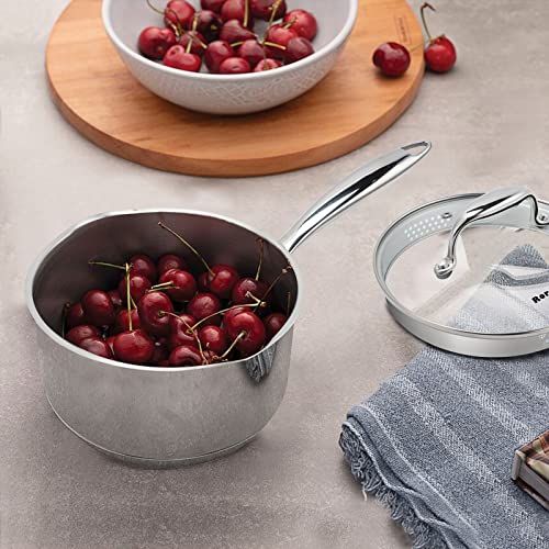 Rorence Stainless Steel Sauce pan: Saucepan with Pour Spouts, Capsule Bottom & Tempered Glass Lid - 2.5 Quart - size: 2.5 Quart