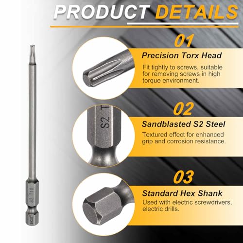 HARFINGTON 10pcs T10 Torx Head Screwdriver Bit 1/4" Hex Shank 4" (100mm) Long Magnetic No Hole Tip Tamper Proof 6 Point Star Screw Driver Drill Bits S2 Steel Industrial Power Screwdrivers - size: T10 x 4"