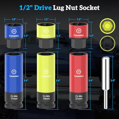 Impact Lug Nut Socket Set-7 Pieces Thin Wall Impact Sockets,17,19,21 mm Non-Marring Deep Wheel Lug Nut Sockets Come with Bolt Extractor for Anti-Theft Wheel Nuts