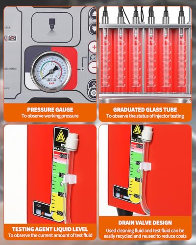 Garvee Fuel Injector Cleaner Tester 6-Cylinder 11 Test Modes 12V, Ultrasonic GDI Injector Cleaning Machine with Adjustable Pressure (0-10 bar), Pulse Width (0.1-25ms), Resistance Test, Digital Display - size: 6-Cylinder Model， 2-in-1