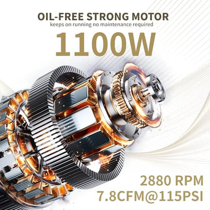 MZB 6.4 Gallon Ultra Quiet Air Compressor 110V/60Hz 7.41CFM 1.5HP, MAX 115PSI Steel Tanks Oil-Free 70dB Noise Level Air Compressor with Wheels for Spray Painting, Auto Repair, Carpentry Decoration - size: MZB-1100H-24