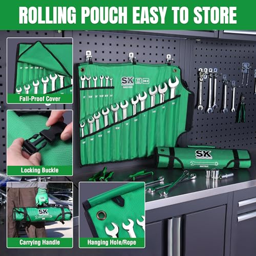 SK Combination Wrench Set, SAE 1/4" to 1-1/4", Metric 6 to 32mm, 42-Piece, SuperKrome Finish, Premium CR-V Construction, with Rolling Pouch - size: Metric&SAE (6 to 32mm & 1/4" to 1-1/4")