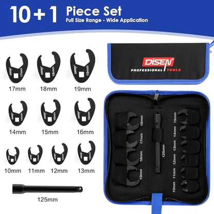 DISEN 11 PCS Crowfoot Wrench Set for 3/8" Drive with Extension Bar, Flare Nut Wrenches Set Metric Size 10-19mm, Professional Kit with Zipper Pouch, for Automotive, Plumbing, and Industrial Repair