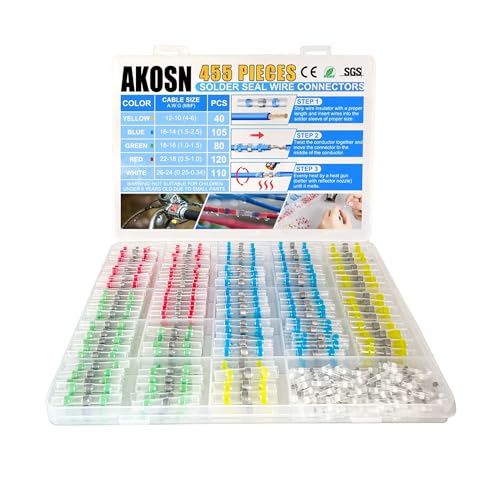 455 PCS Heat Shrink Self Soldering Butt Connector, Solder Seal Wire Connectors Kit, Waterproof Wire Solder Stick Splice Connector for Marine Electrical Automotive (5 Colors/5 Sizes/ 26-10 Gauge) - size: Assortment Kit, 5 Sizes, AWG 10-26 (Qty: 455)