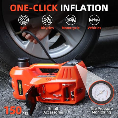Trihelper Electric Car Jack 5 Ton 12V Floor Jack Hydraulic Jack Stand Car Lift Jack with Integrated Tire Pump for SUV Truck Sedan Vehicle Roadside Emergency Tire Change | Lift Range 5.9-17.7in, Fits Sedan SUV MPV Truck, 150 PSI Gauge, Blue Red Flashing Li