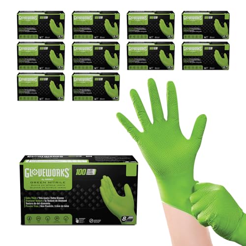 GLOVEWORKS HD Green Gloves, 8 Mil Nitrile Disposable Heavy Duty Raised Diamond Grip Mechanic Glove, Bulk Purchasing Options - size: Medium, style: 10 Boxes of 100