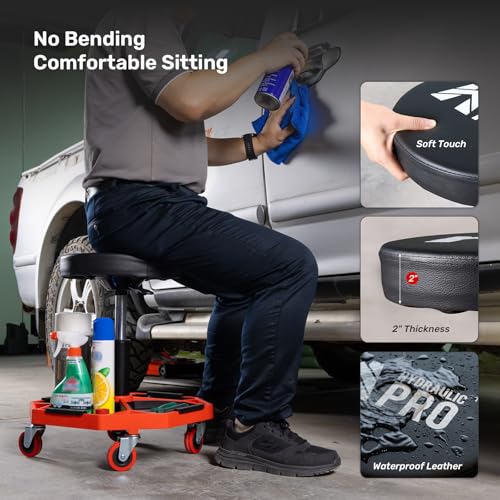 Rolling Mechanic Stool, 300 LBS Adjustable Garage Shop Seat with Tool Trays | Pneumatic Height Adjust, Cushioned Seat, 4-compartment trays, 360° Casters, for Garage, Workshop, Auto Repair, Detailing