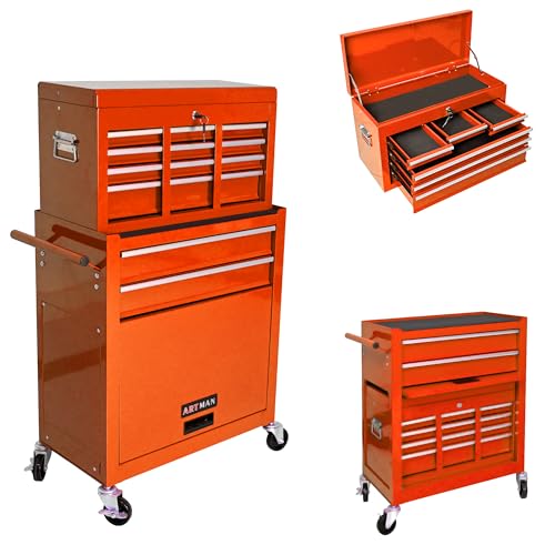 8-Drawer Tool Chest,Rolling Tool Box with Detachable Top Toolbox & Key Lock,Tool Cabinet with Universal Lockable Wheels,Lock Bar,Protective Liner,Metal Storage Cart for Garage,Workshop (Orange) - color: Orange, size: 8 Drawers