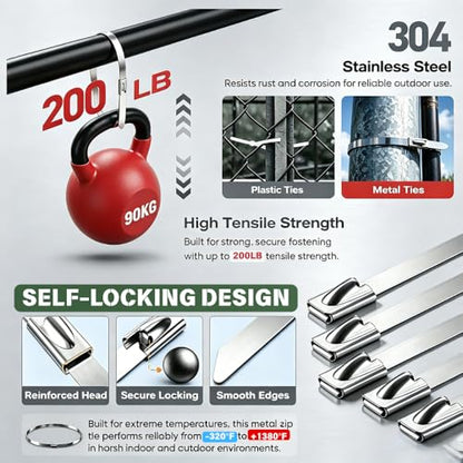 155PCS Heavy Duty 304 Stainless Steel Cable Tie Gun Kit, Includes 150PCS Metal Zip Ties(3 Sizes), Self-Locking, UV & Corrosion Resistant, for Fence, Exhaust Pipe, Chicken Coop, Farm Use (Red)